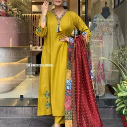 S.K.C Geometric Yoke Design Thread Work Straight Kurta With Trousers & Dupatta-45