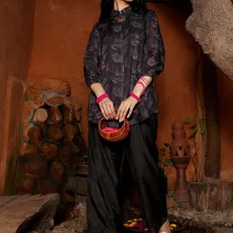 QISSA Floral Printed Embellished Party Shirt With Trousers-image-50