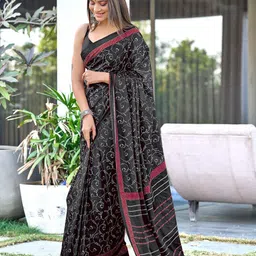 Panzora Floral Block Printed Mulmul Cotton Ready To Wear Saree-image-37
