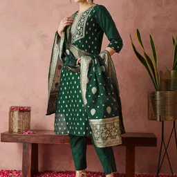 RAJGRANTH Women Regular Thread Work Chanderi Silk Kurta with Trousers & With Dupatta image 4