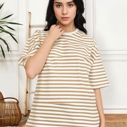 VIMAL JONNEY Women Striped Drop-Shoulder Sleeves Monochrome Pockets T-shirt-image-80