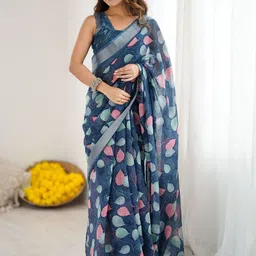 HERE&NOW Women Blue Printed Linen Blend Saree-picture-29