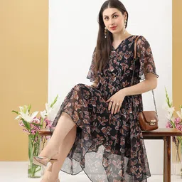 Mustard Women Floral Print Flared Sleeve Chiffon Dress-picture-0