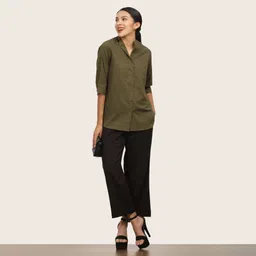 Saltpetre Band Collar Roll-Up Sleeves Organic Cotton Shirt With Trousers-picture-55