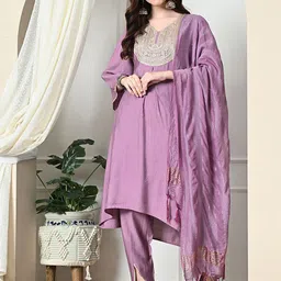 KALINI Floral Embroidered Sequinned V-Neck A-Line Kurta With Dhoti Pants & Dupatta-image-92