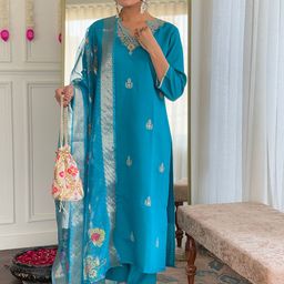 KALINI Floral Embroidered Thread Work Straight Kurta With Trousers And Dupatta-picture-27