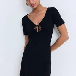 MANGO Tie-Up V-Neck Knitted A-Line Dress-image-12