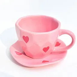 Pack of 2 Ceramic Ceramic pink heart cup and Saucer set for tea and coffee| 240ml-picture-17