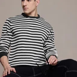 Men Striped Round Neck Grey, Black Sweater-image-90