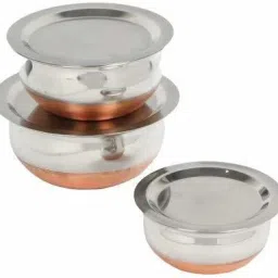 Stainless Steel Vegetable Bowl 3pc Copper Bottom Stainless Steel Cook & Serve Handi/Dish/Donga/Bowl/Box/Kitchen Food Storage Containers/Tiffin/Lunch Box Set (Copper Handi) Cookware 3 piece gift Set induction and gas stove compitable (Stainless Steel Handi Non stick, 3 - Piece WITH LID AND HANDLE) Handi 1.5 L, 1 L, 0.75 L Cookware Set (Copper, Stainless Steel, 3 - Piece) Handi 1.23 L, 0.85 L, 0.65 L with Lid-18
