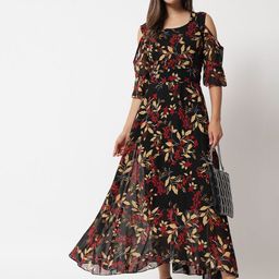 Raabta Fashion Women Floral Printed Bell Sleeve Semi Sheer Fit & Flare Maxi Dress-image-40