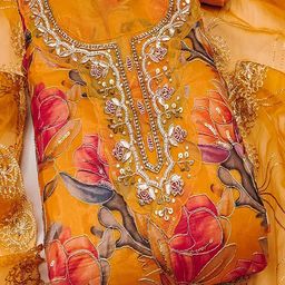 Women's Mustard Floral Printed Sequins & Moti Handwork Organza Unstitched Dress Material-image-59