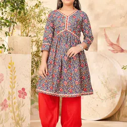 Sangria Girls Floral Printed With Gota Lace Cotton Anarkali Kurta with Patiala-picture-43