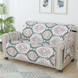 Story@home Cream-Coloured & Green Printed Microfiber 2 Seater Sofa Cover With Arms-image-25