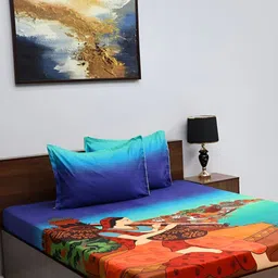 Steve & Anderson Blue & Orange 180 TC King Bedsheet with 2 Pillow Covers-image-38