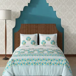 CHICERY White & Blue Floral Printed Pure Cotton 210 TC King Bedsheet Set 2.74mx 2.74m-25