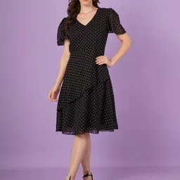 Curvydrobe Polka Dot Print Monochrome Georgette Fit & Flare Midi Dress-picture-24