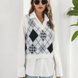 Oh Rare Women Geometric Self Design Sweater Vest-image-19