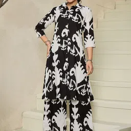 Indo Era Abstract Printed Shirt Collar Pure Cotton A-Line Kurta With Trousers-12
