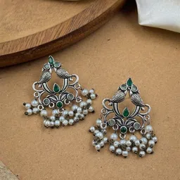 NAMAN ARTS Silver-Plated Artificial Stones and Beads Oxidised Contemporary Drop Earrings-11