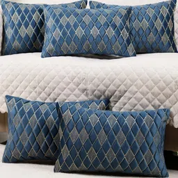 TANLOOMS Pack Of 5 Blue And Gold Velvet Rectangle Cushion Covers-48