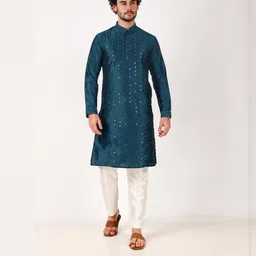 PulseIQ Men Teal Art Silk Kurta Sets-picture-22