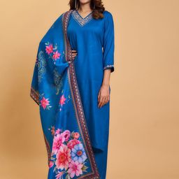 KALINI Floral Yoke Design Sequinned Pure Cotton Kurta With Trousers & Dupatta-picture-25