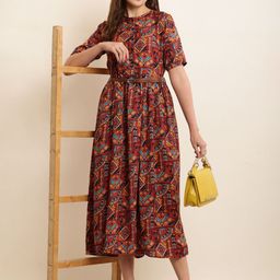 Moda Rapido WomenEthnic Motifs Print Fit & Flare Midi Dress-image-38