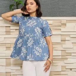 Moda Rapido Floral Print Mandarin Collar Roll-Up Sleeve Pure Cotton Shirt Style Top-image-27