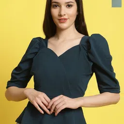 Metronaut Women Pack Of 2 Solid Round Neck Puff Sleeves Tops-image-40