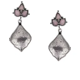 PUJVI Silver-Plated Artificial Stones Studded Contemporary Shaped Oxidised Drop Earrings image 3
