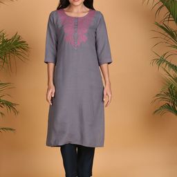 Anouk Floral Embroidered Round Neck Straight Kurta-image-6