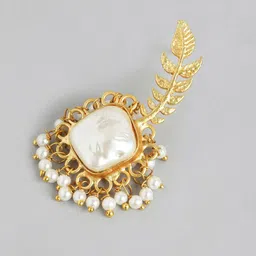 Anouk Gold Plated Artificial Stones Studded & Beaded Leaf Shaped Drop Earrings image 2