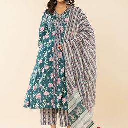 Yufta Floral Printed Empire Pure Cotton A-Line Kurta With Trouser With Dupatta-picture-13