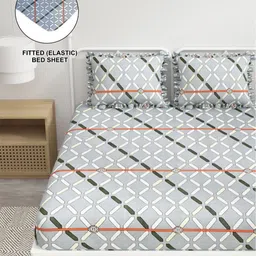 DREAM WEAVERZ Grey & Off White Geometric 260 TC King Bedsheet with 2 Pillow Covers-image-5