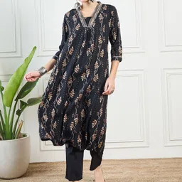 KALINI Floral Printed Mirror Work A-Line Kurta With Palazzos & Dupatta-picture-4