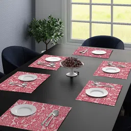 Saral Home 6Pcs Maroon Self Design Cotton Rectangle Table Placemats-32