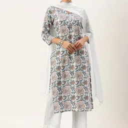 KALINI Floral Printed Notch Neck Straight Pure Cotton Kurta With Palazzos & Dupatta-37