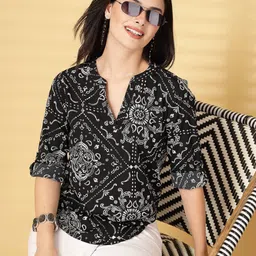 EVERYDAY by ANI Print Women Mandarin Collar Roll-Up Sleeves Shirt Style Top-image-90