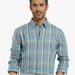RARE RABBIT Men Comfort Spread Collar Tartan Checked Cotton Casual Shirt-image-32