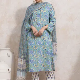 Moara Floral Printed Pure Cotton Straight Kurta With Trousers & Dupatta-picture-11