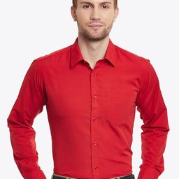 English Navy Men Solid Cherry Red Wrinkle Free Slim Fit Formal Shirt-image-105