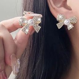 celestique CelestiqueCZ Studded & Pearls Beaded Bow Contemporary Shaped Studs image 4