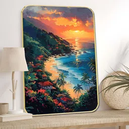 SAF Orange & Blue Tropical Sunset Beach Printed Wooden Wall Art-image-34