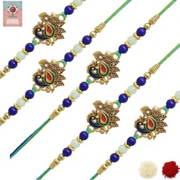 MEIRA JEWELLERY Set Of 5 Designer Beaded Rakhis With Assorted Greeting Card & Roli Chawal-16