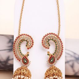 KARATCART Gold-Plated Peacock Shaped Kundan Jhumkas Earrings image 4