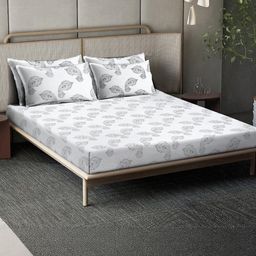 KLOTTHE Off White Ethnic Motifs 400 TC King Bedsheet with 4 Pillow Covers-image-34
