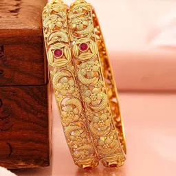 Rubans Set of 2 22K Gold-Plated Ruby Pink Stone & Floral Design Traditional Bangles image 2