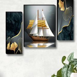 SAF Black & Gold-Toned 3 Pieces Ship Wood Wall Art-image-5