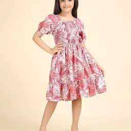 PTVIZE Girls Floral Printed Puff Sleeve Fit & Flare Dress-image-17